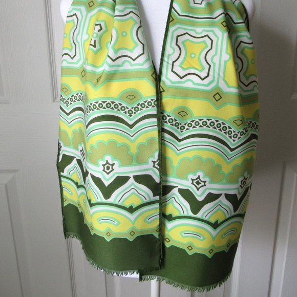MONIQUE MARTIN Vintage Scarf African Style Tribal Design Green Yellow Fringe - Picture 2 of 5